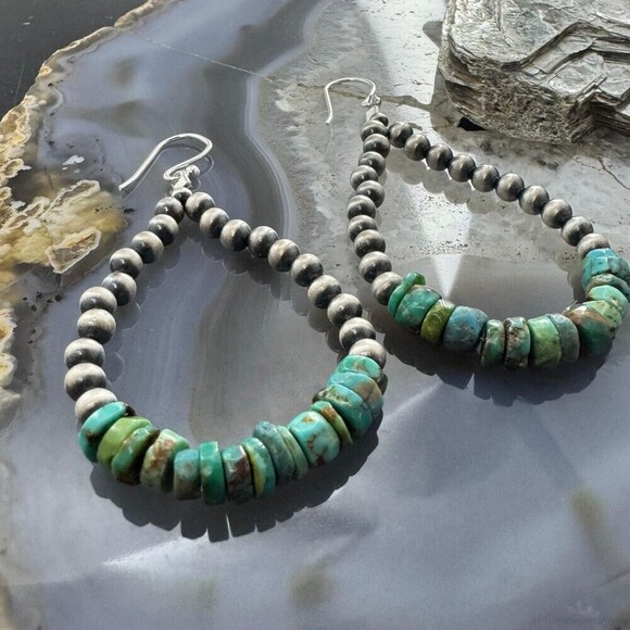 Sterling 4mm Navajo Pearl Southwester Style & 6mm Turquoise Bead Hoop Earrings - Picture 3 of 10